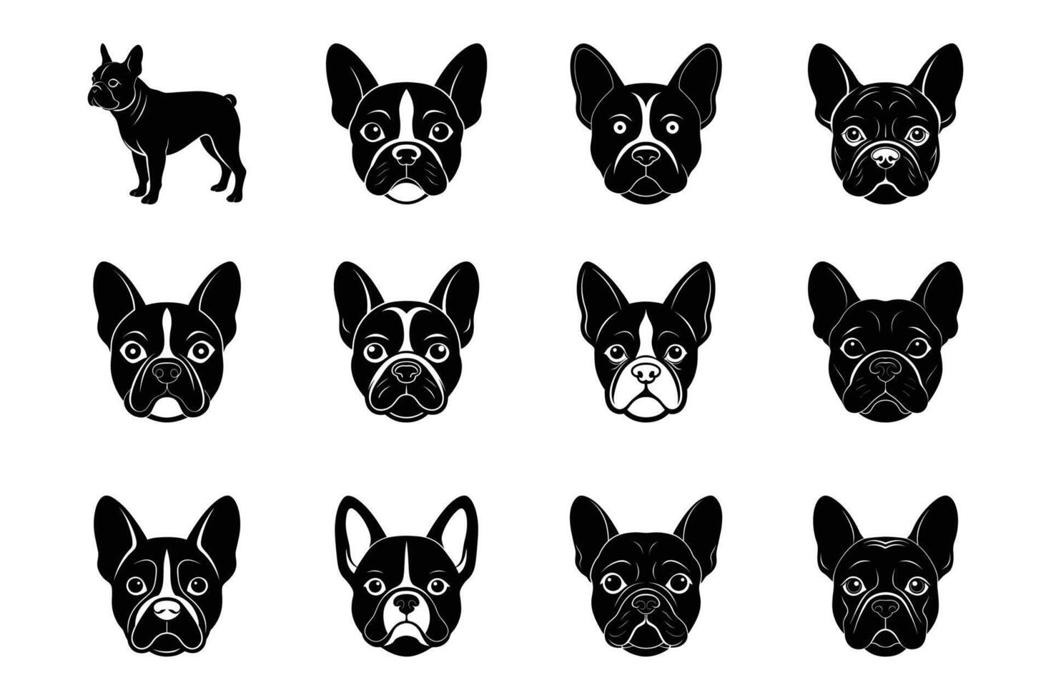French Bulldog Face Silhouette Graphic Art Set Bundle Collection vector