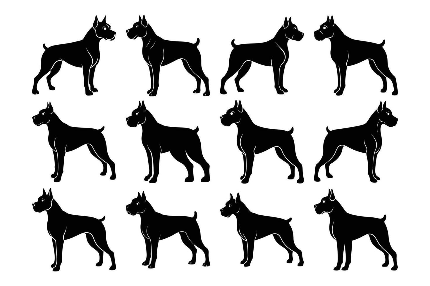 Boxer Dog Silhouette Graphic Art Set Bundle Collection vector