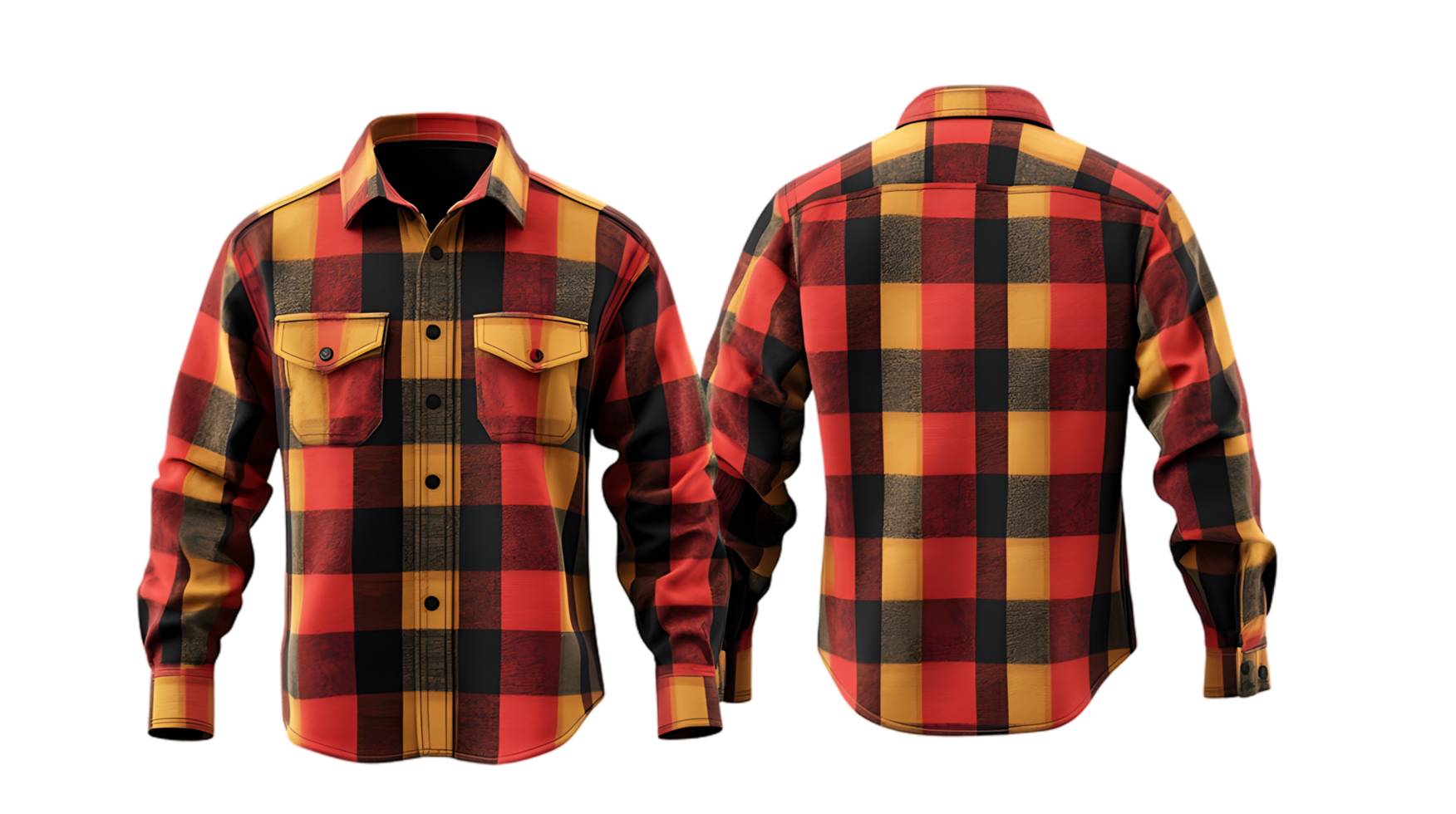 Front and back men's flannel shirts, one red and one yellow png