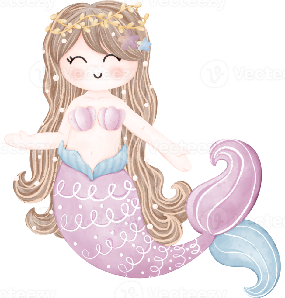 A cute cartoon mermaid with long, wavy brown hair and a pink and blue tail. She has a friendly face with closed eyes and a small smile. png