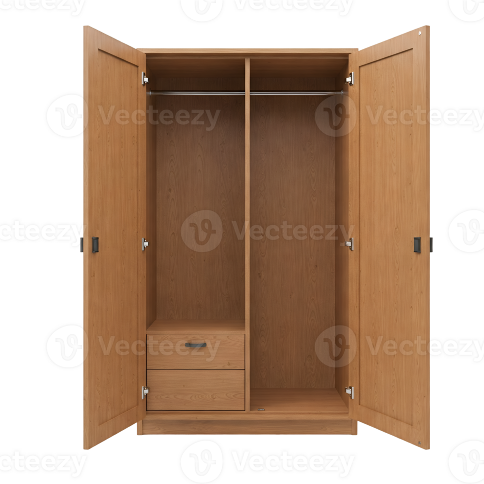 an open wooden wardrobe with two drawers isolated on transparent background png