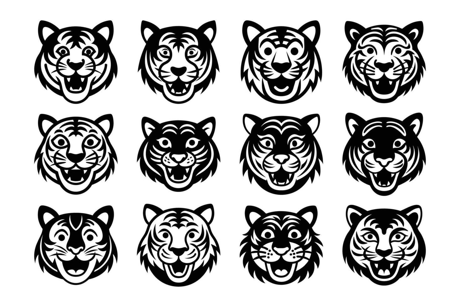 Happy Tiger face Silhouette Graphic Art Set Bundle Collection vector