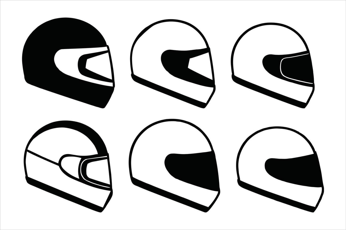 Set of motorcycle helmets in different designs, black and white vector