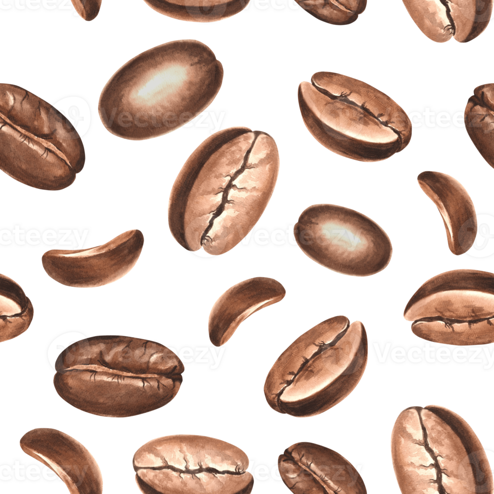Roasted coffee beans. Seamless pattern. Watercolor hand drawn illustration. Arabica and Robusta sort Ingredient for aromatic invigorating drink. Template for food design, wallpaper, textile, packaging png