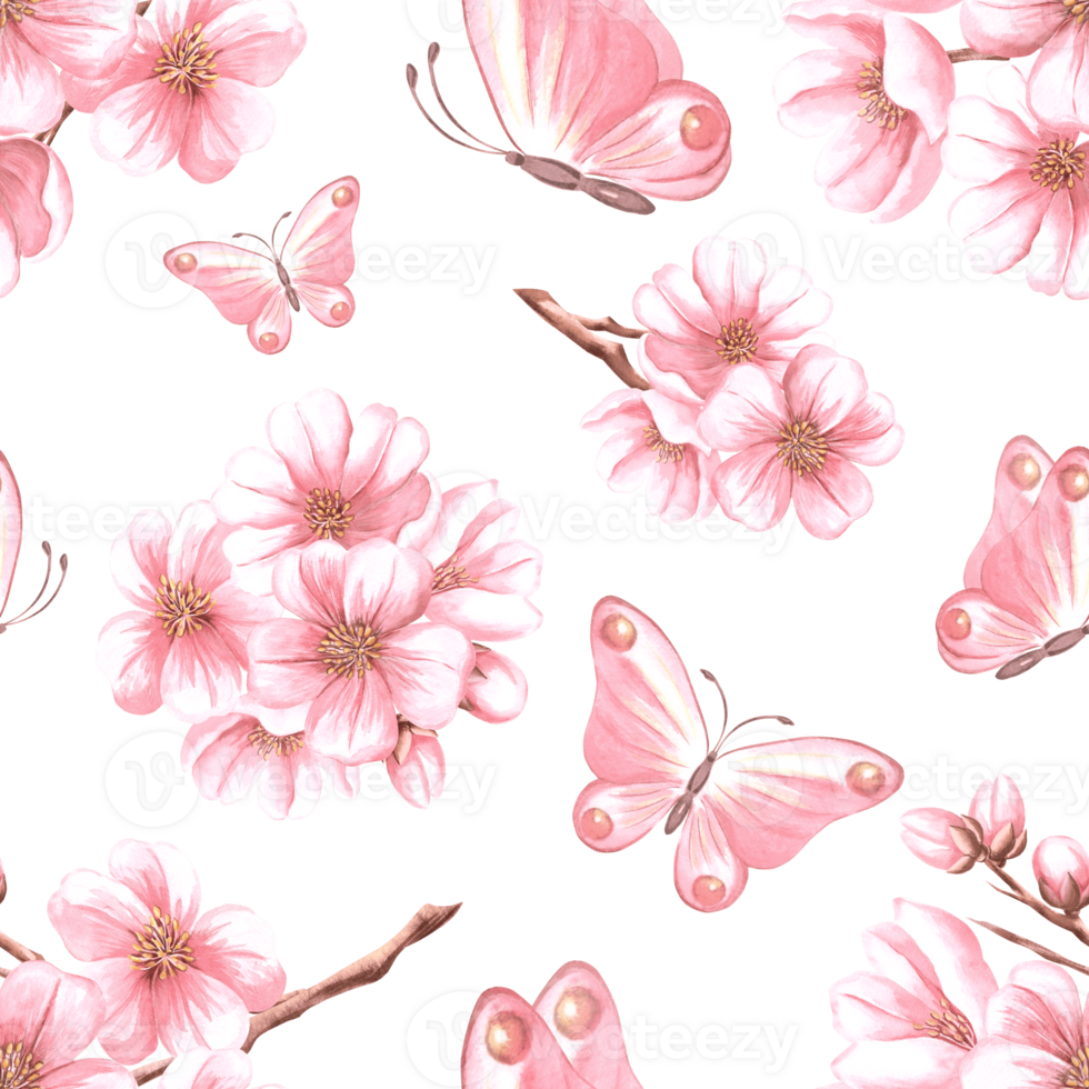 Almond branches with pink flowers and flutering butterflies. Seamless pattern. Sakura, cherry blossom. Watercolor illustration hand painted. Spring floral background. Template for wallpaper, textile. png