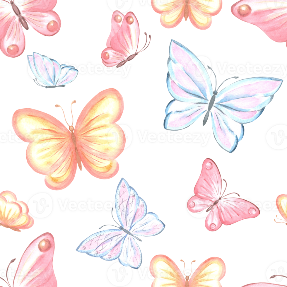 Butterflies flutering delicate. Seamless pattern. Watercolor illustration hand painted. Spring summer background with flying insect. Tropical animals, bugs. Template for wallpaper, textile, packaging. png