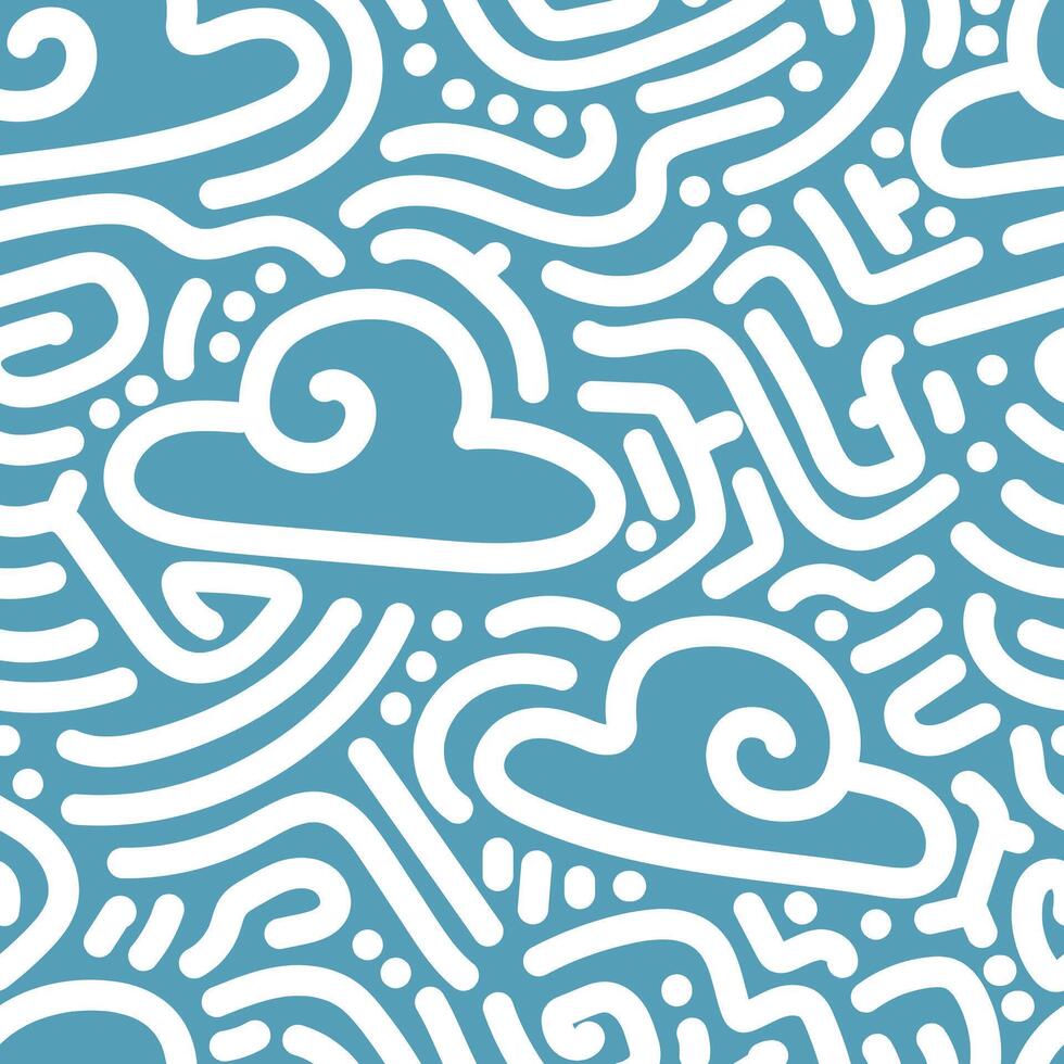 Cloud and doodle seamless pattern. White hand drawn doodle in light blue. vector