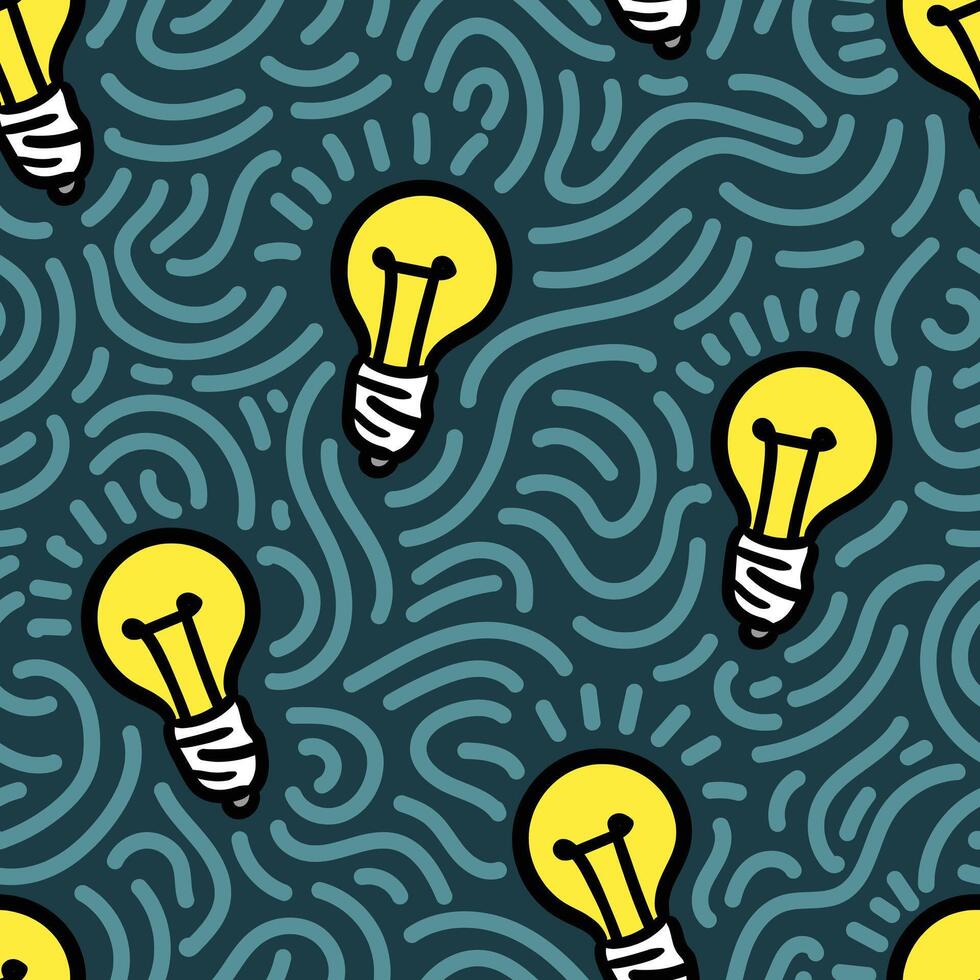 Hand drawn light bulb seamless pattern with art line doodles. vector