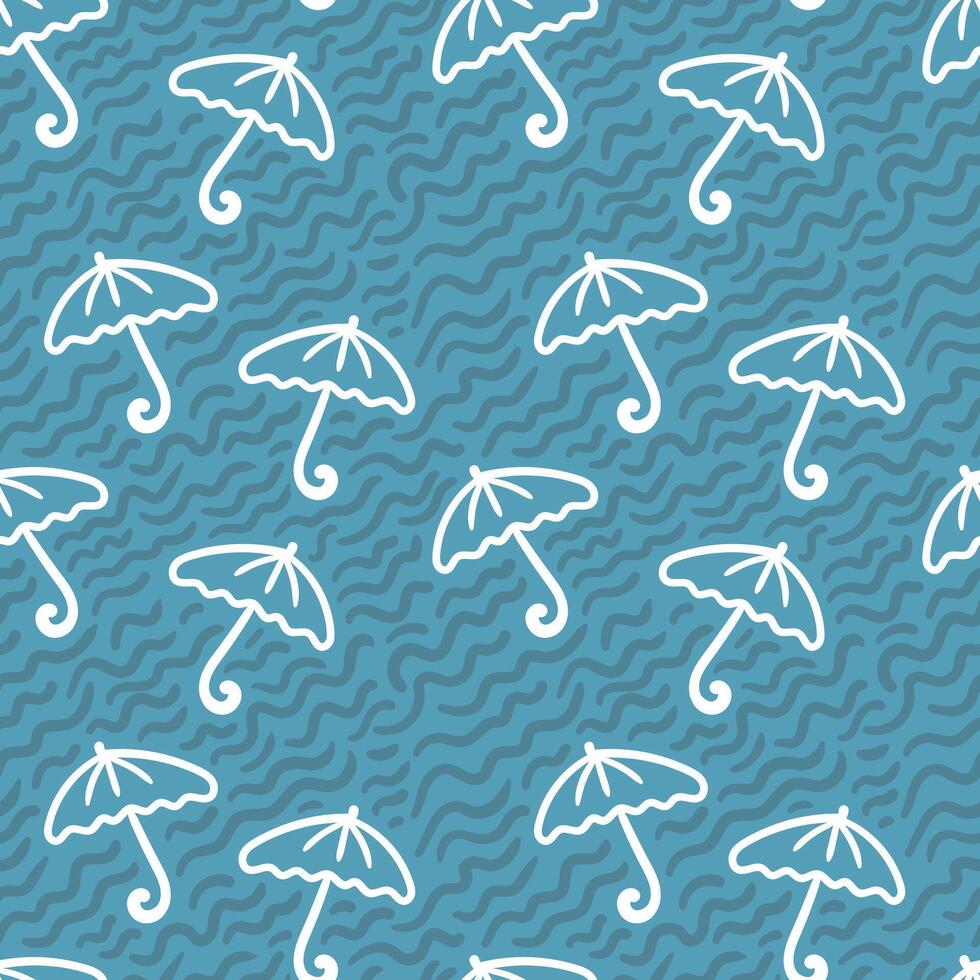 Umbrella seamless pattern. White umbrella and doodle line art in blue background. vector