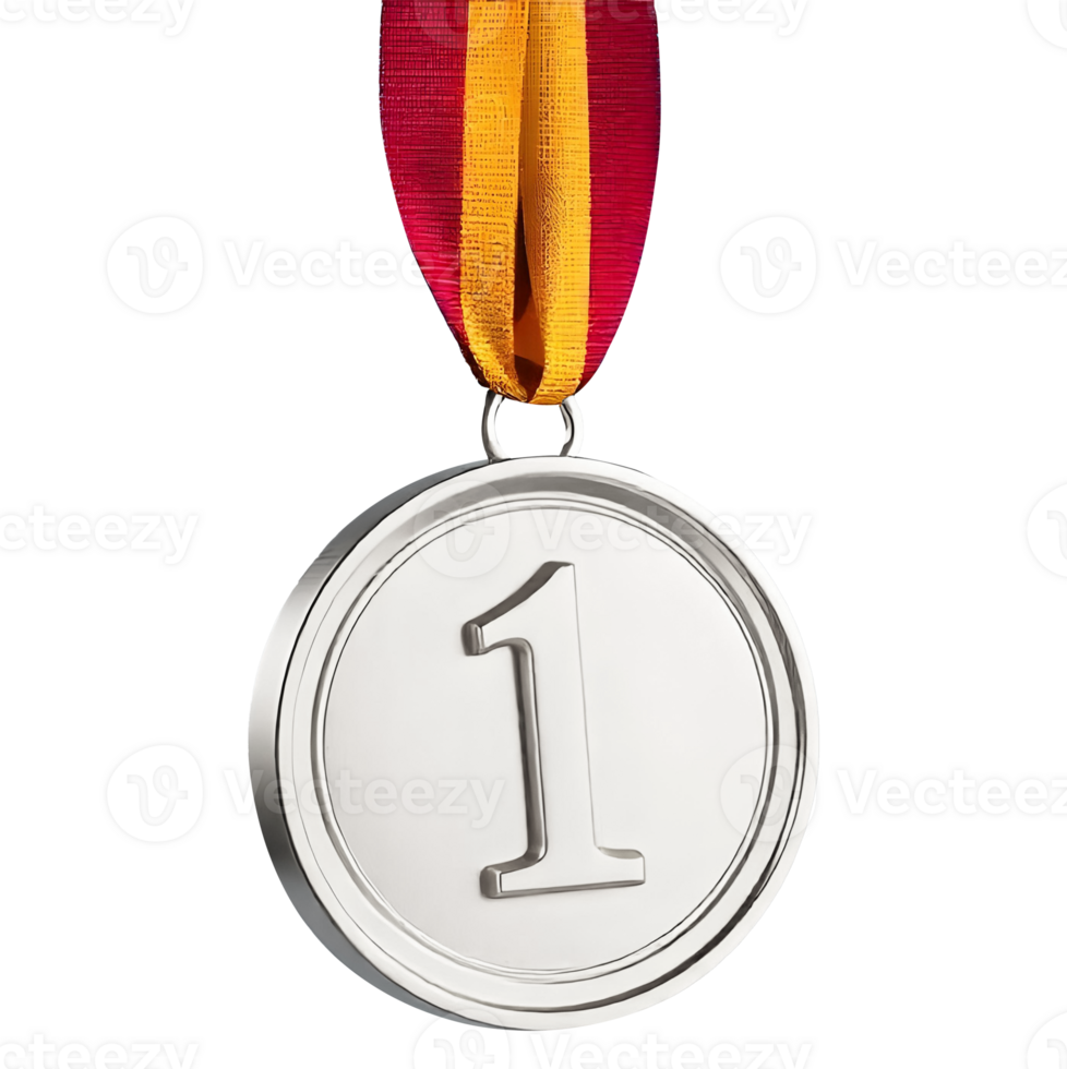 Close-up of a silver medal, representing first place, hanging from a red and gold ribbon. png