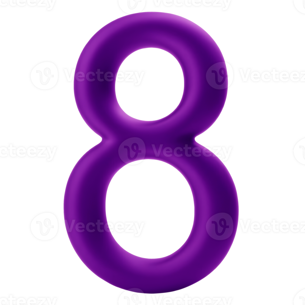 A vivid purple, 3D-rendered number 8 floats against a transparent background png