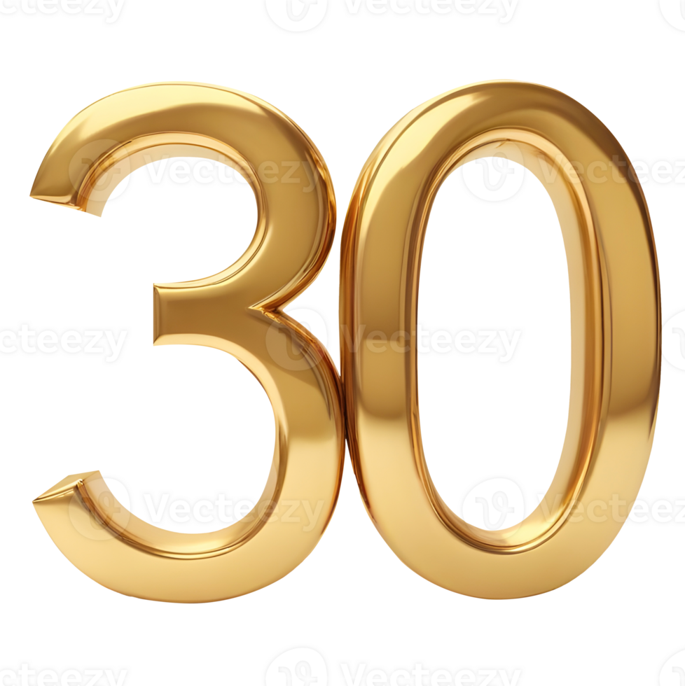 The image shows a shiny gold 3D number 30 png