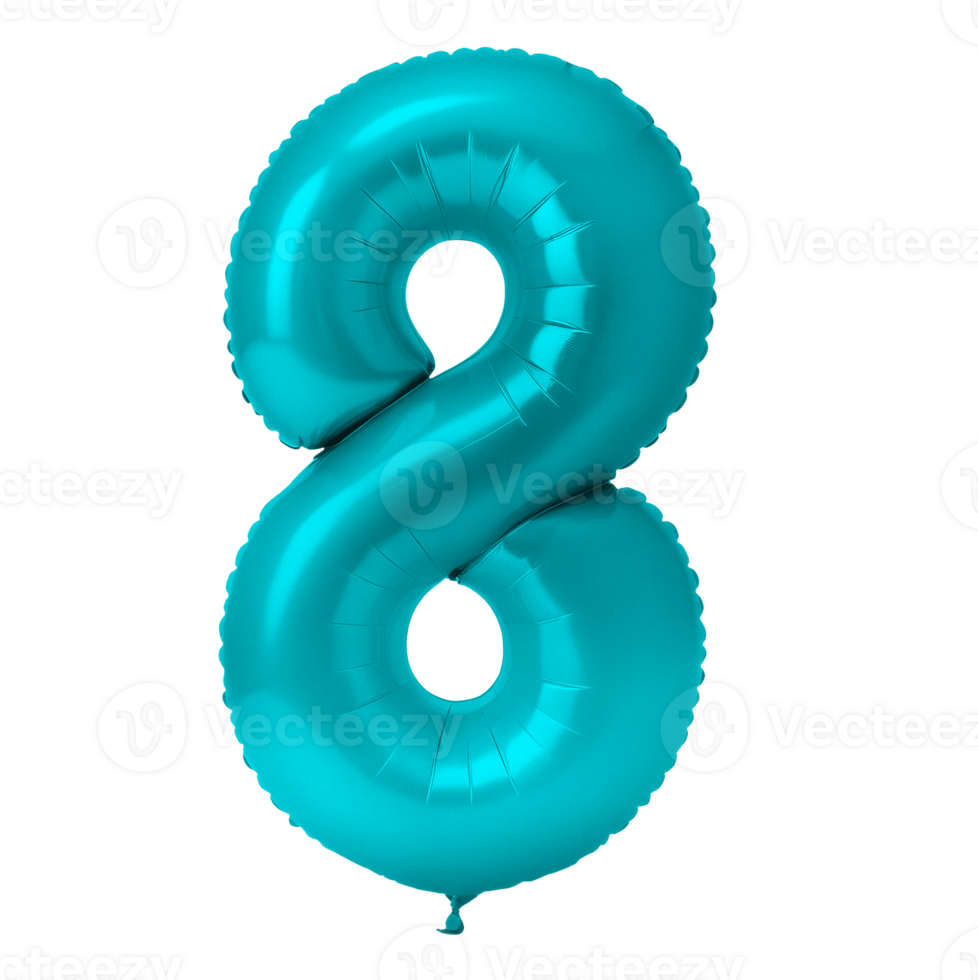 A shiny, teal-colored foil balloon in the shape of the number 8 png
