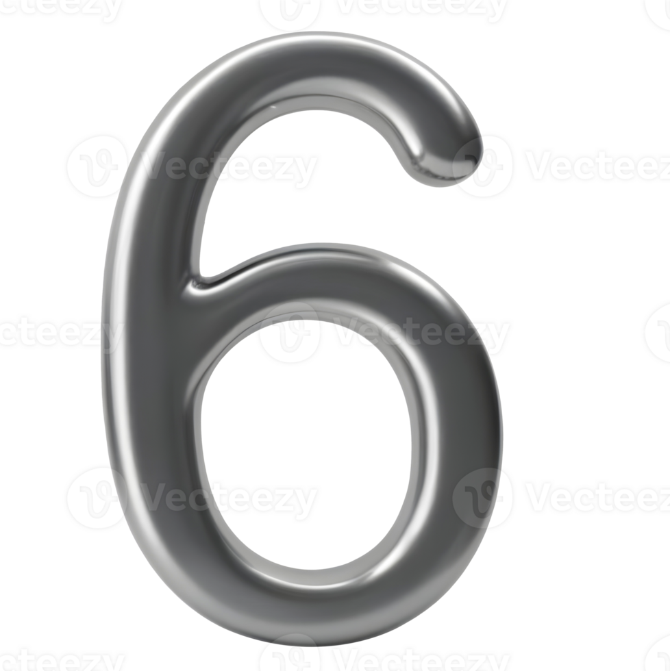 A shiny gray number six, 6, sits on a transparent background. png