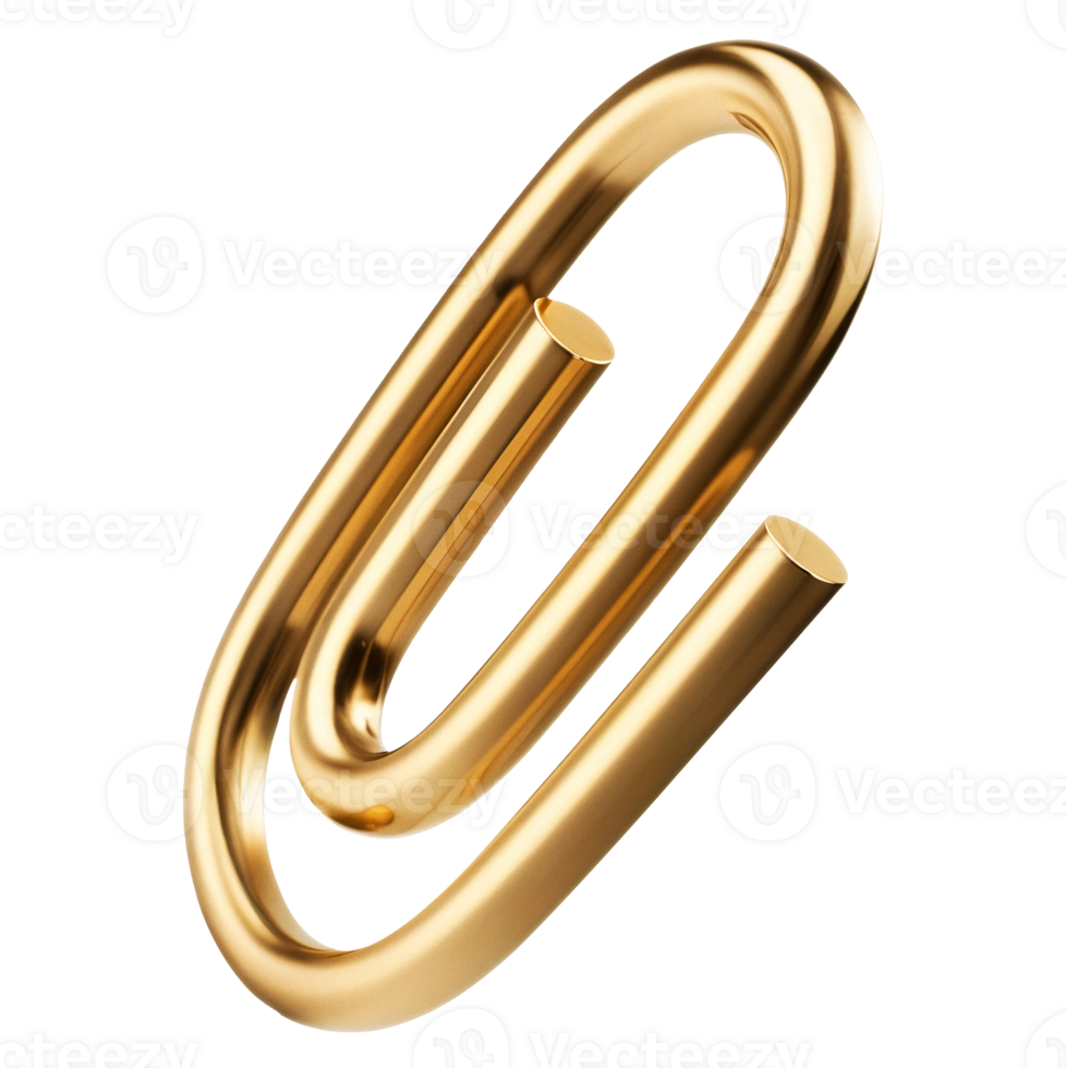 Golden paperclip. A close-up of a digital render of a shiny gold metal paperclip. png