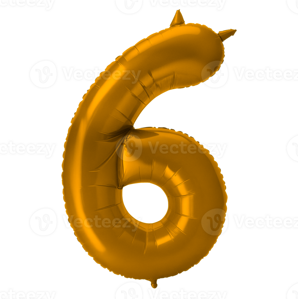 A shiny, gold-colored balloon inflated into the shape of the number 6 png
