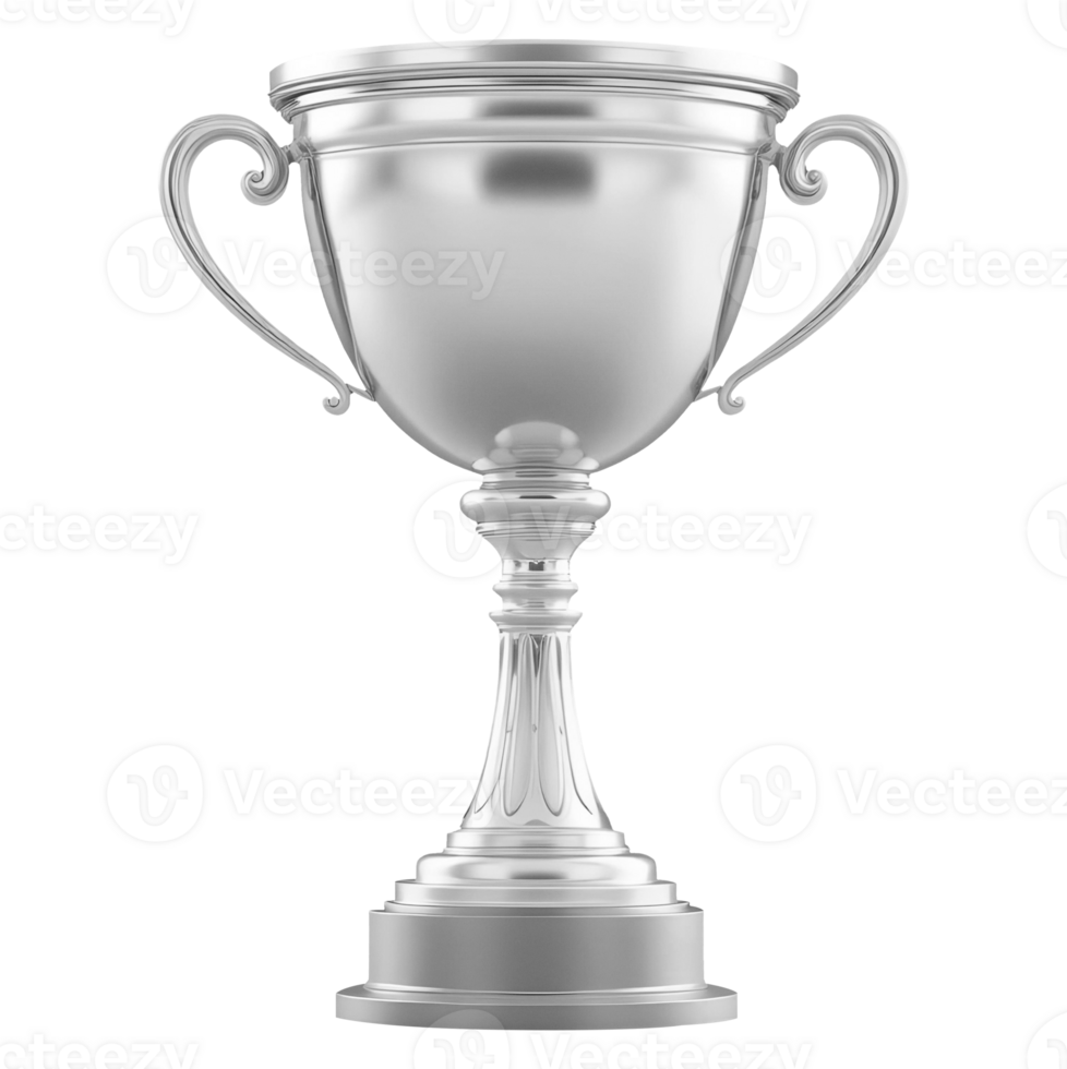 A silver-toned, ornate trophy cup with handles and tiered base png