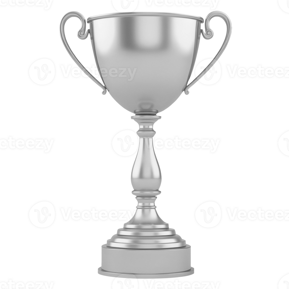 Here is a 3D rendering of a shiny silver trophy cup with handles png