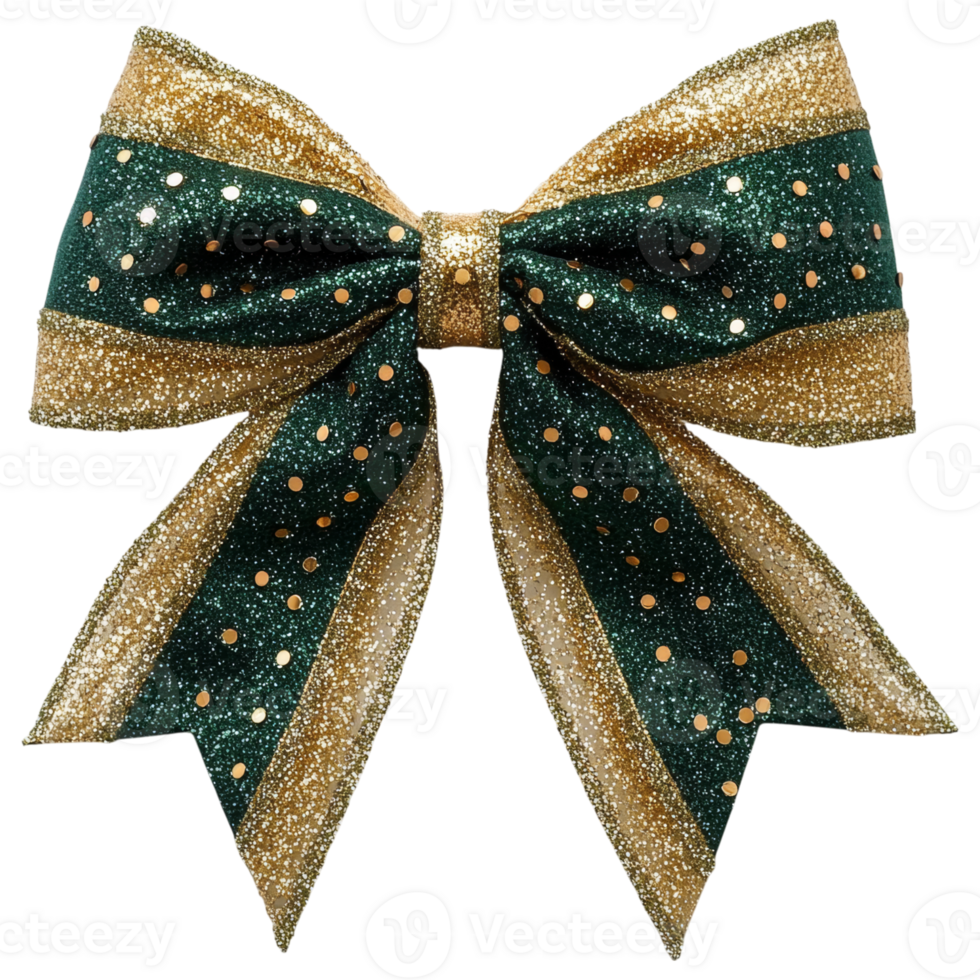 festive green and gold glitter ribbon bow with polka dot pattern png
