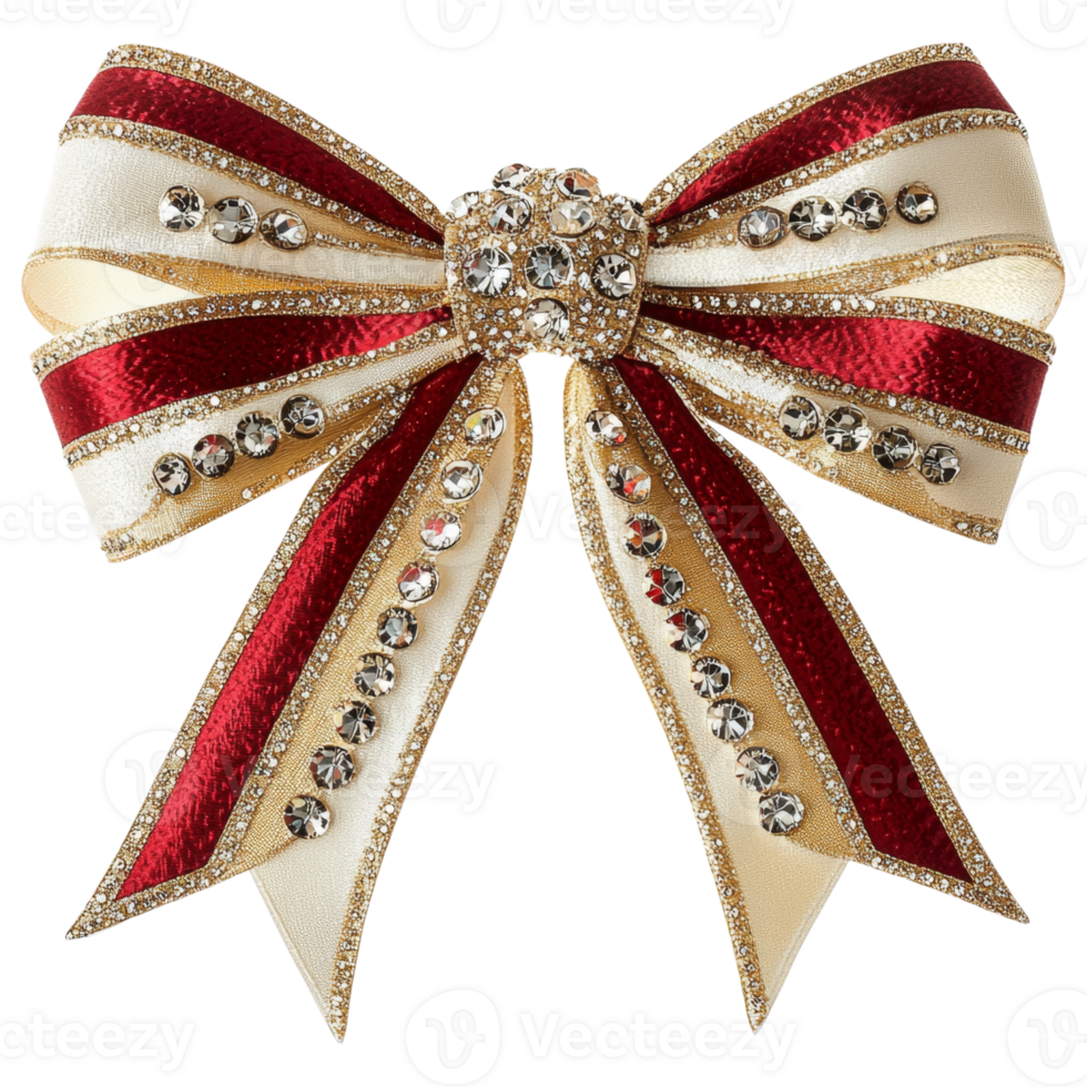 Luxurious Christmas ribbon bow with crystal embellishments and gold trim png