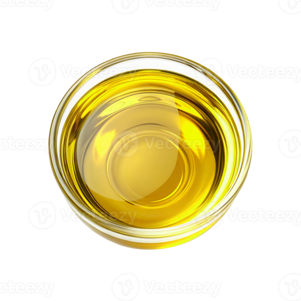 Down View of a Clear Glass Bowl Filled with Golden Liquid Oil Against a Transparent Background png