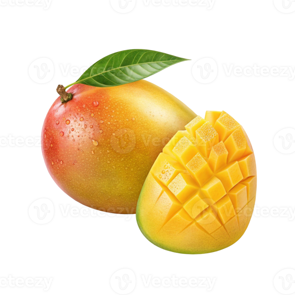 Mango with Water Droplets and a Fresh Green Leaf Transparent Background png