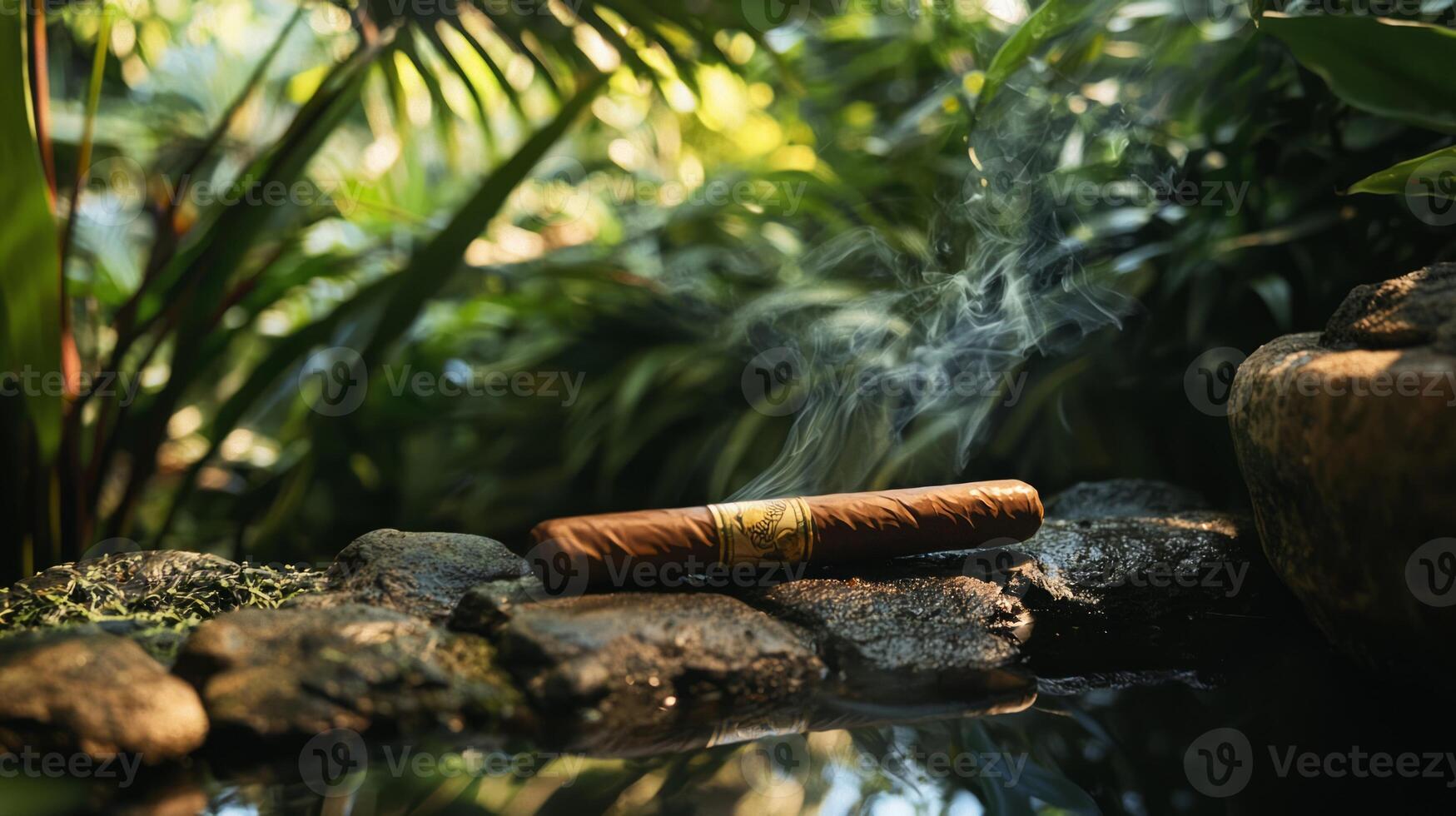 A cigar sits on a rock in the middle of a pond photo