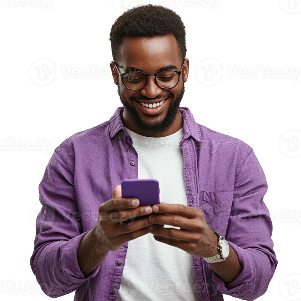 Joyful Man in Purple Shirt Smiling While Using His Smartphone png