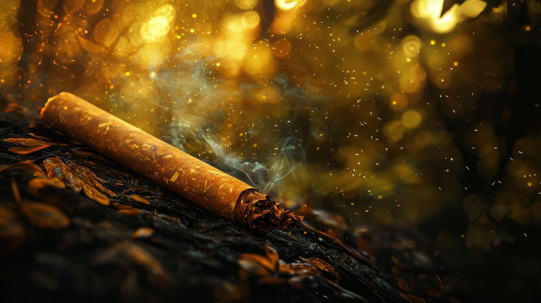 A cigarette sitting on a pile of leaves photo