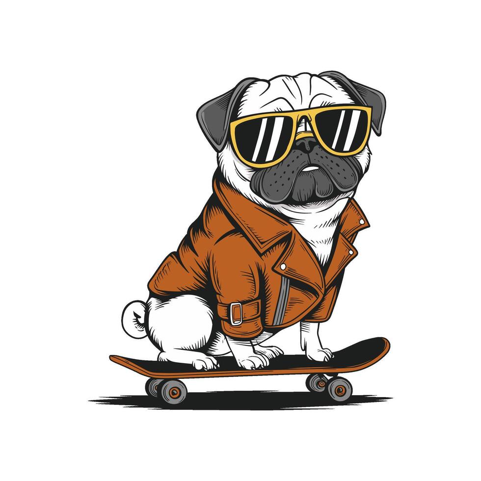 Trendy pug in a leather jacket and yellow sunglasses skateboarding with style vector