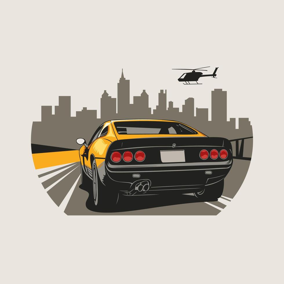 Yellow sports car on a road with a city skyline and helicopter in the background vector