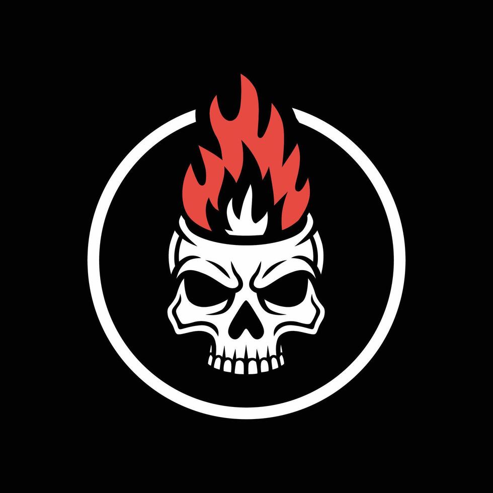 A skull with fiery red flames rising, enclosed in a white circle on a black background vector