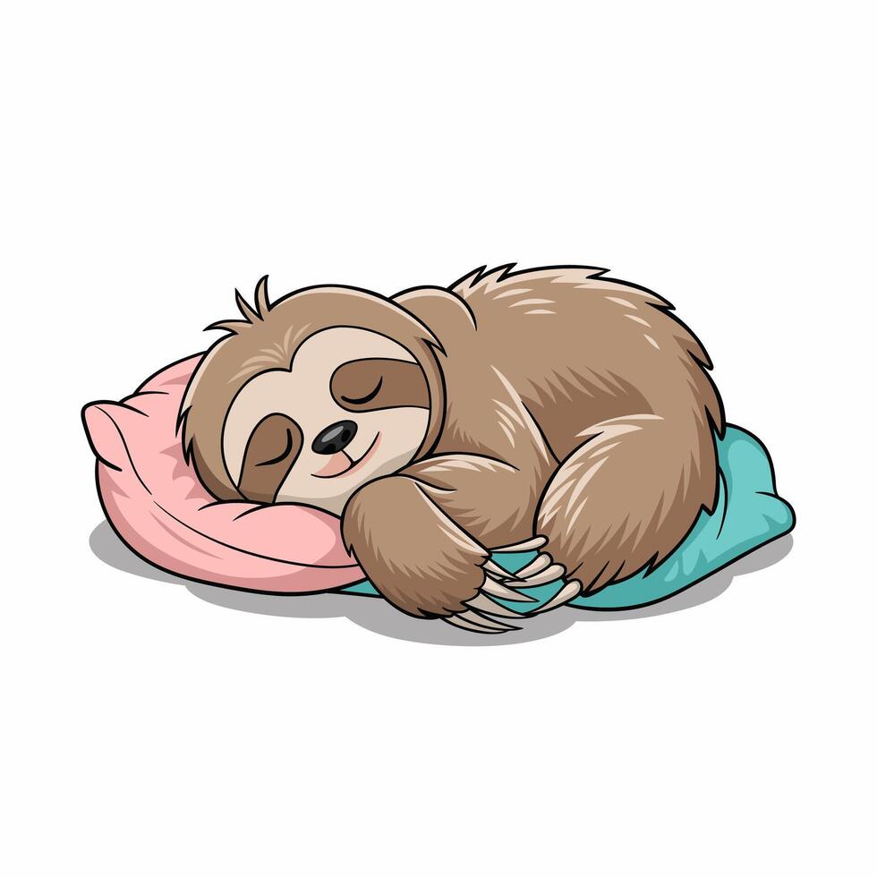 Cute sloth resting on a vibrant pink pillow and soft blue blanket vector