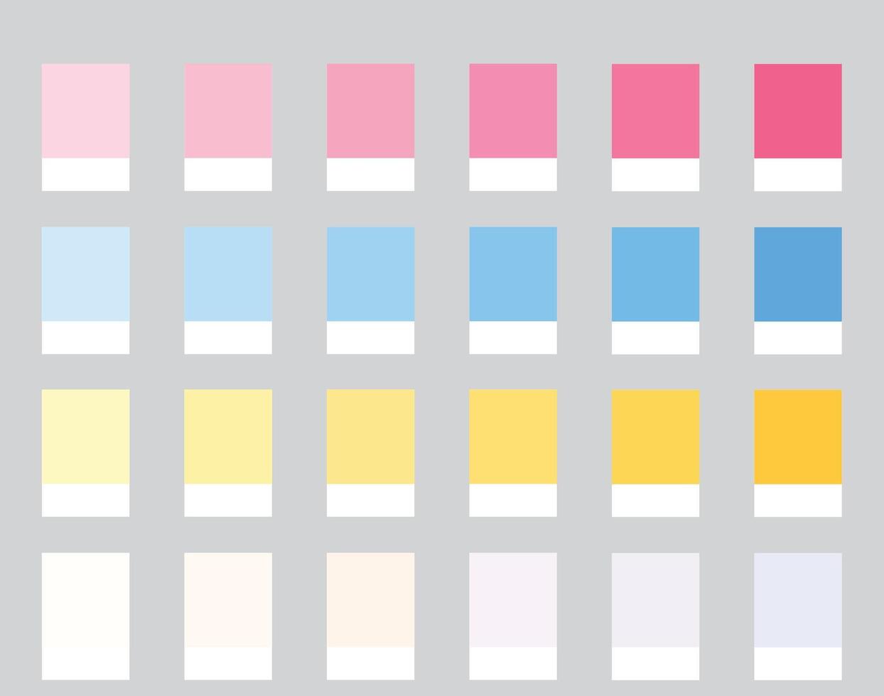 Color Palette 24 Kawaii Japanese Pastel Colours - Warm, Pink, Baby Blue, Yellow Tones - with HEX Codes and Names, Colour Scheme and Combinations vector