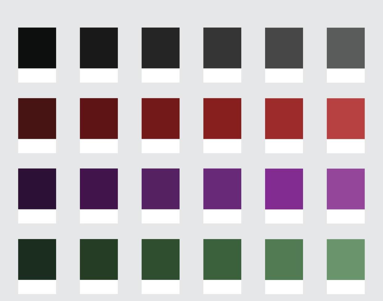 Color Palette 24 Dark Gothic Aesthetic Shades - Fashion and Luxury, Black, Charcoal, Deep Reds, Eerie Purples, Muted Greens Tones - with HEX Codes and Names, Colour Scheme and Combinations vector