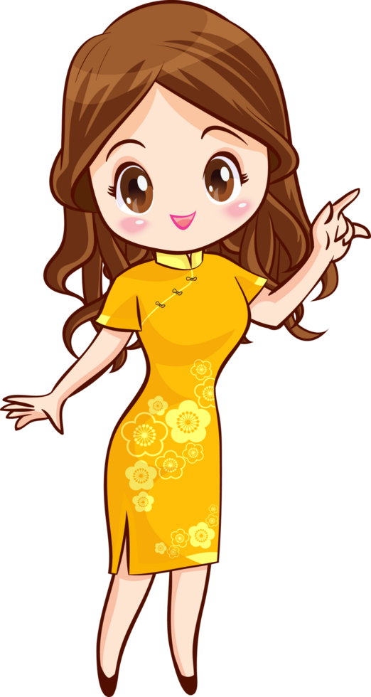 A young woman with long wavy hair, wearing a beautiful golden cheongsam with peony patterns, stands and poses with elegance. png