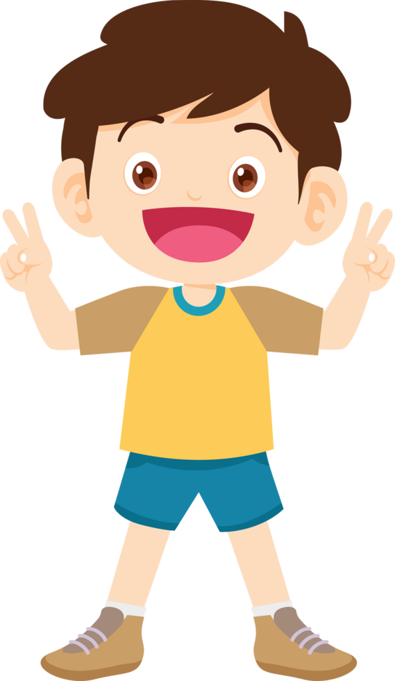 A smiling boy in shorts stands with two fingers raised in a confident manner. png