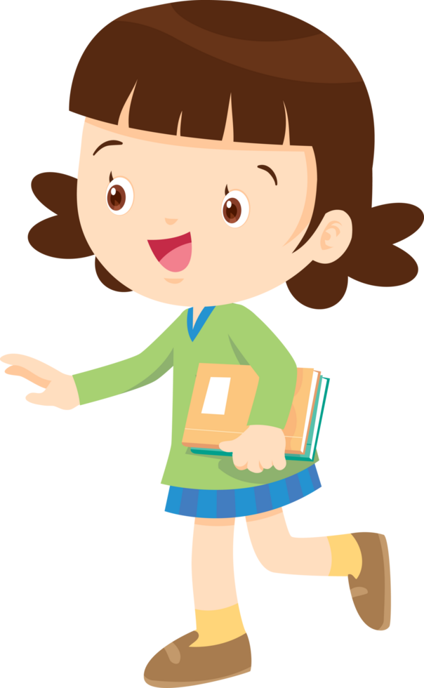 A girl holding a book walks forward with a bright smile. png
