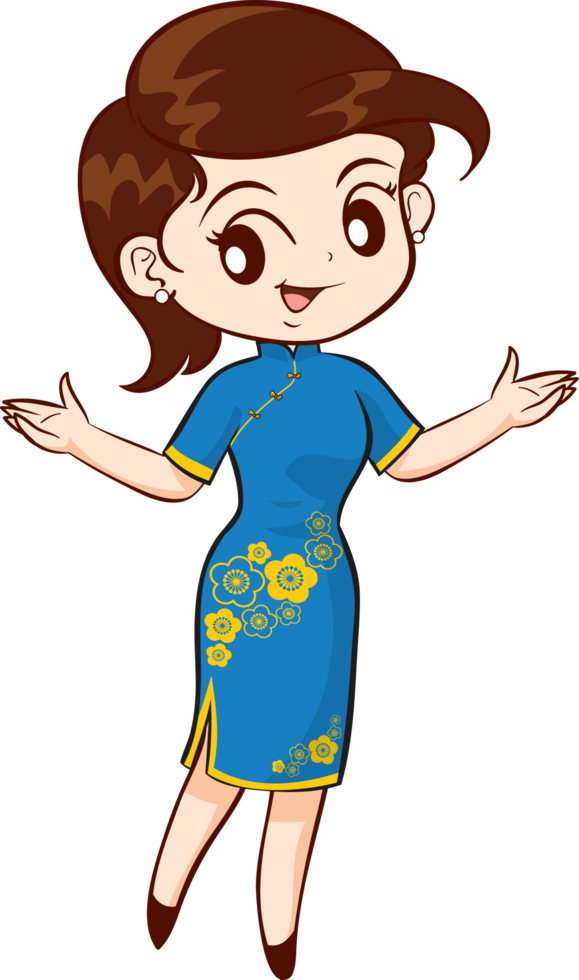 A cute short-haired girl wearing a blue cheongsam with yellow peony patterns, standing and posing with a smiling face. png