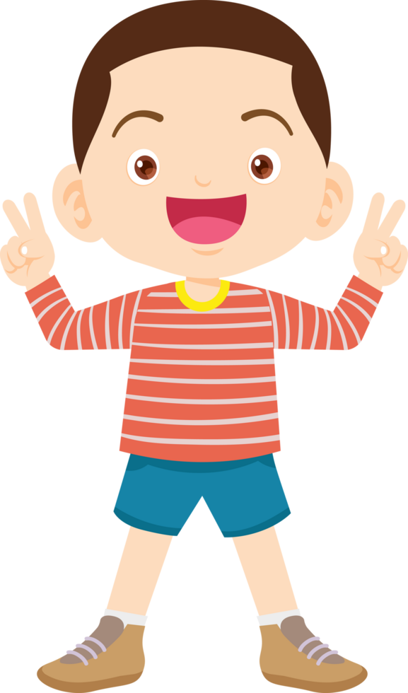 A smiling boy stands with two fingers raised in a confident manner. png