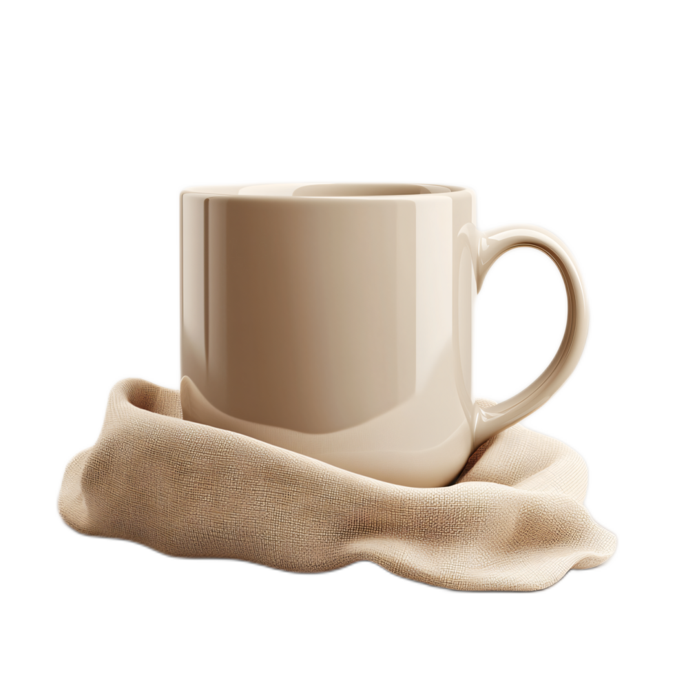 Elegant Beige Coffee Mug Resting on Soft Fabric Showing Texture and Warmth in Minimalist Setting png