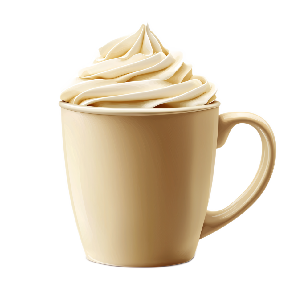 Creamy Whipped Topping on Smooth Beverage in Beige Mug with Curved Handle png