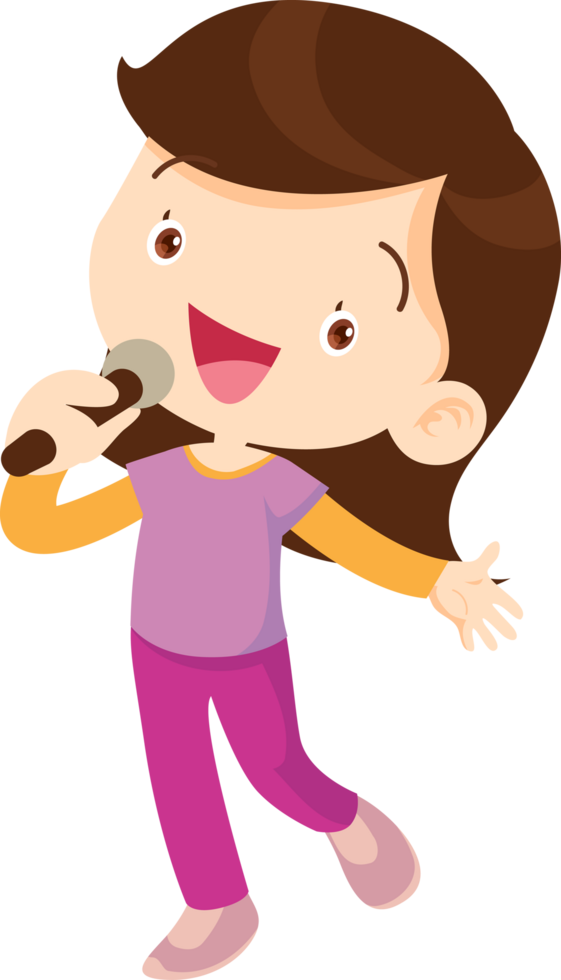 A girl stands holding a microphone and sings happily. png