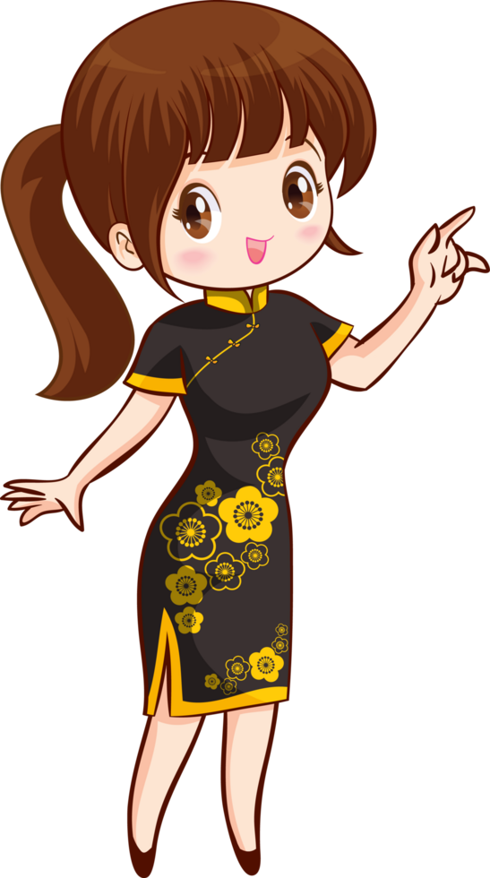 A young woman with her hair tied in a ponytail, wearing a beautiful black cheongsam with peony patterns, stands and poses happily. png