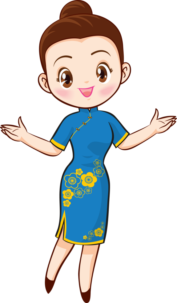 A young woman with her hair tied in a high bun, wearing a beautiful blue cheongsam with a peony pattern, stands and poses with a cute pose. png