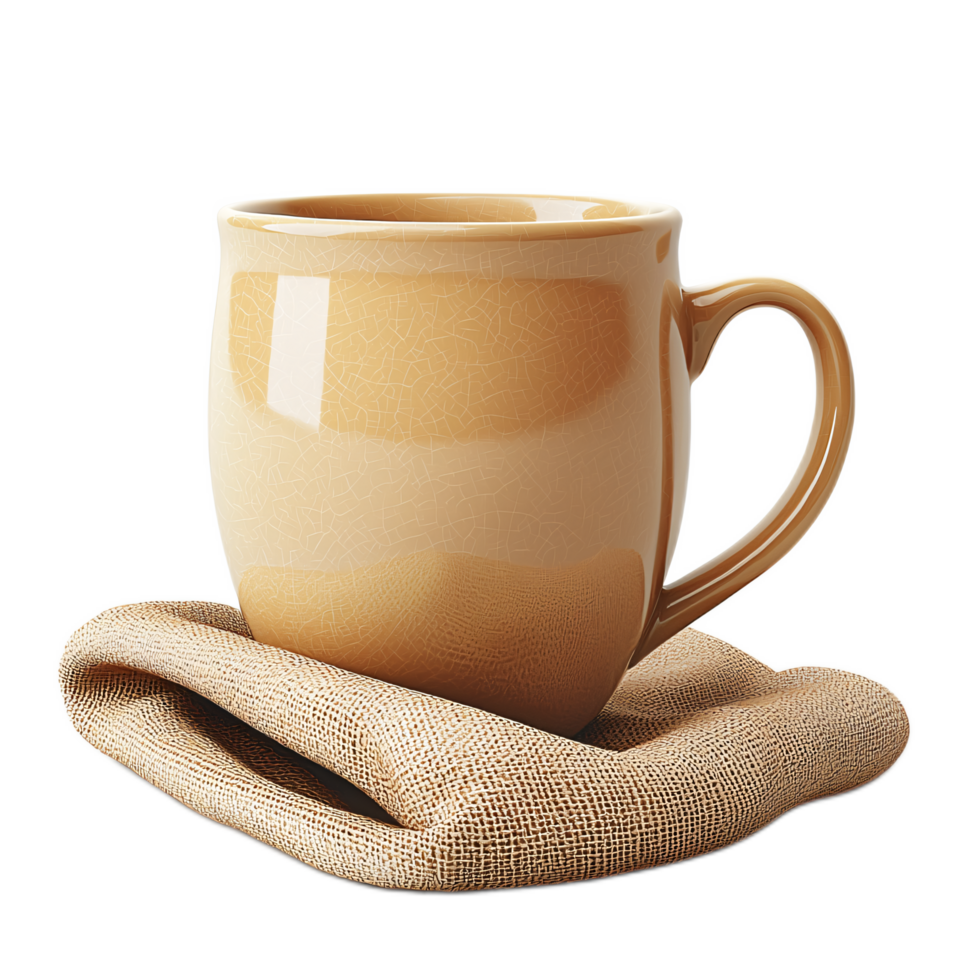 Elegant and Stylish Ceramic Mug with Crackled Finish on Rustic Cloth Surface png
