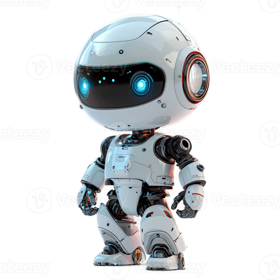 Cute Friendly Robot with Round Head and Bright Blue Eyes in a Futuristic Setting png