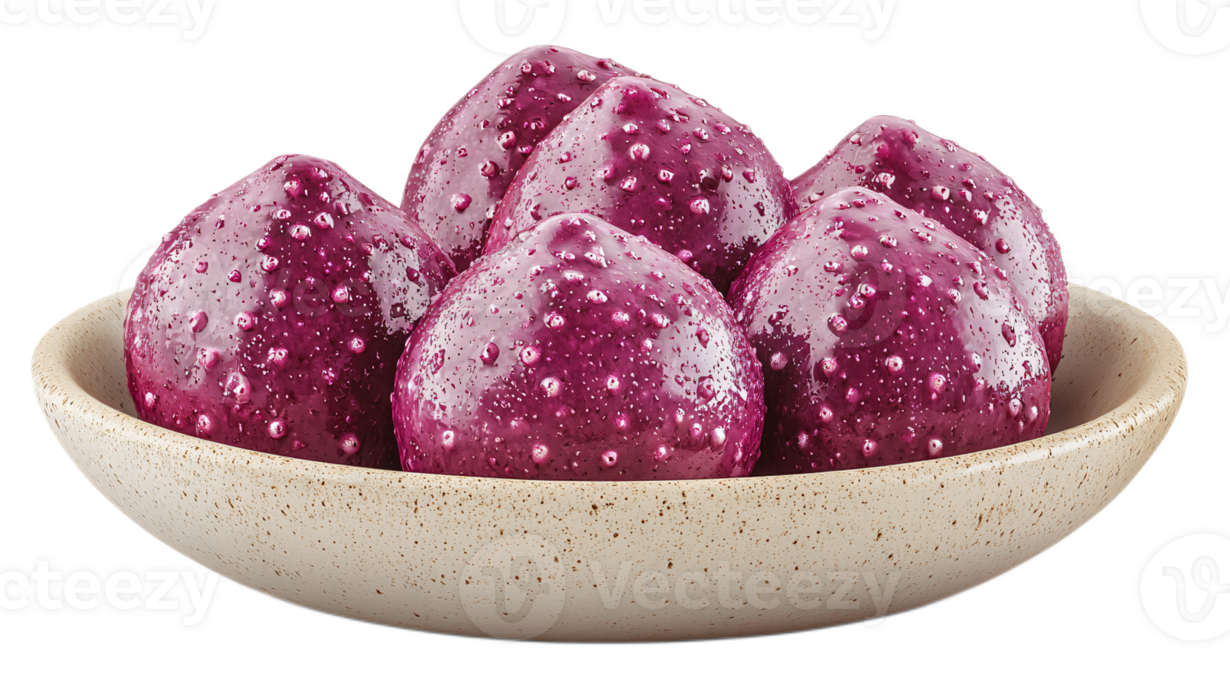 Fresh Purple Fruits with Water Droplets in a Natural Ceramic Bowl png