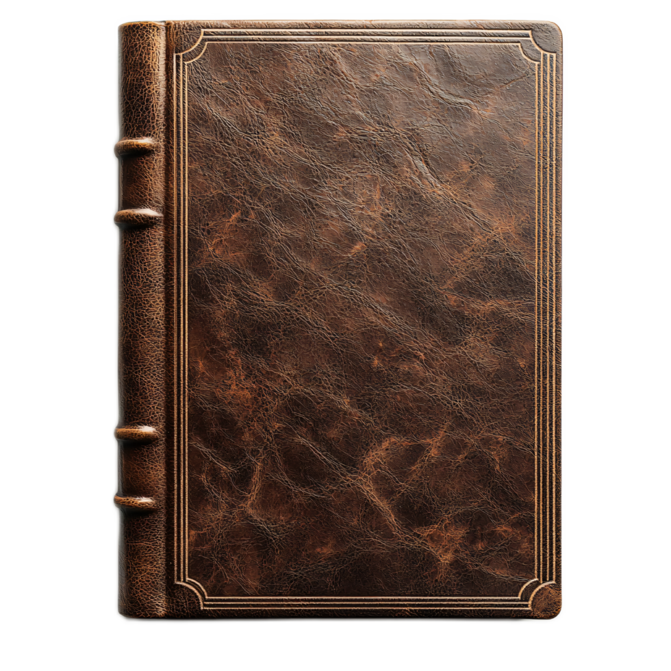 Vintage Brown Leather Bound Book Cover with Embossed Spine and Decorative Edges png