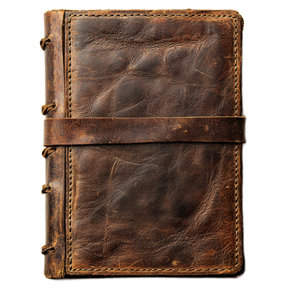 Vintage Leather Journal with Rustic Binding and Worn Texture on Isolated Background png